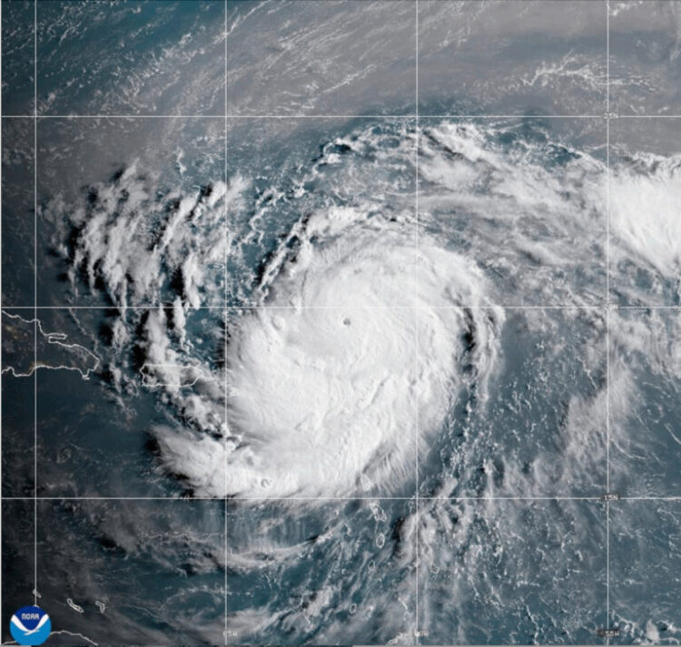 This satellite image provided by NOAA shows Hurricane Erin on Saturday, Aug. 16, 2025.  (NOAA via AP)