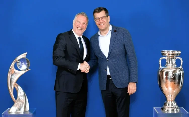 (Από αριστερά προς τα δεξιά}: Laurent Epstein, UEFA Marketing Director | Jens
Thiemer, Chief Customer Officer Lidl International